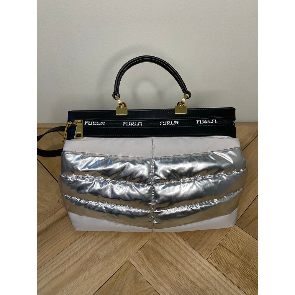 Furla Metallic Silver Puffer Nylon Tote Bag Black Leather Trim - Picture 2 of 7